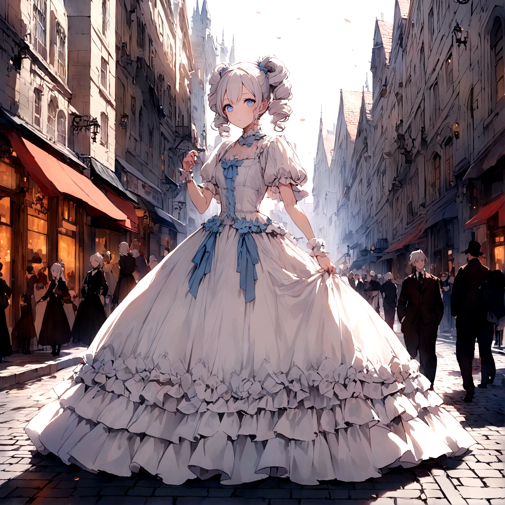 White Hair，Double ponytail curl，Blue Eye Color，White Lolita，Beth，Bustling city streets,Dress up