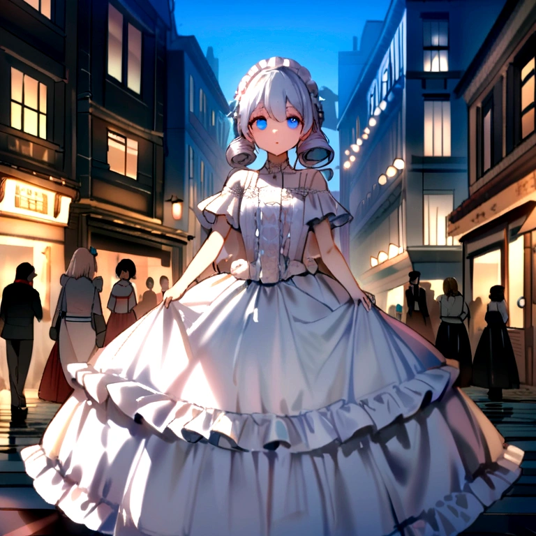 White Hair,Double ponytail curl,Blue Eye Color,White Lolita,Beth,Bustling city streets,Dress up