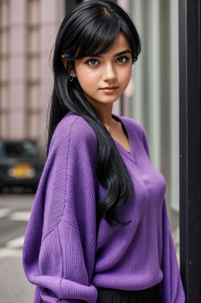 A Girl with Purple eyes and black hair, wearing a purple outfit