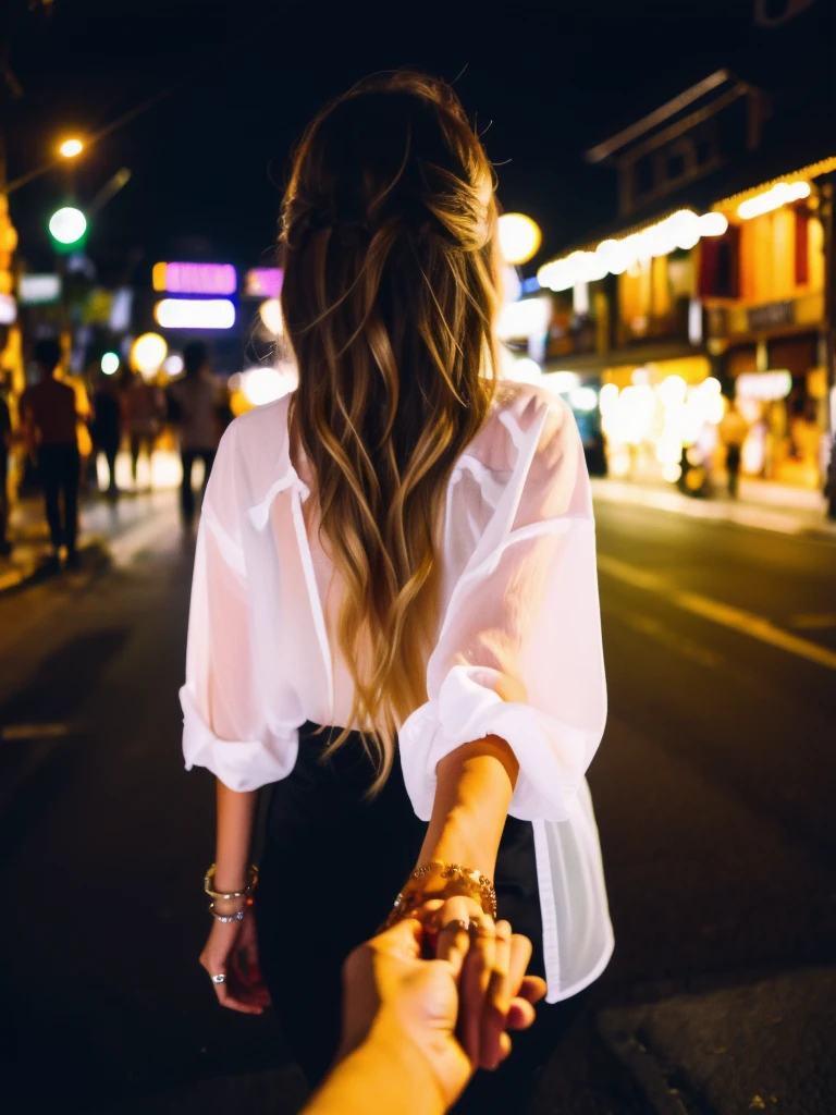 bf_holding_hands, walking on night street of Bali,
detailed,8k, detailed shadow, 1 botomless plum girl, long hair, ombre blonde hair, white transparent shirt, jewelry ,(masterpiece,best quality),