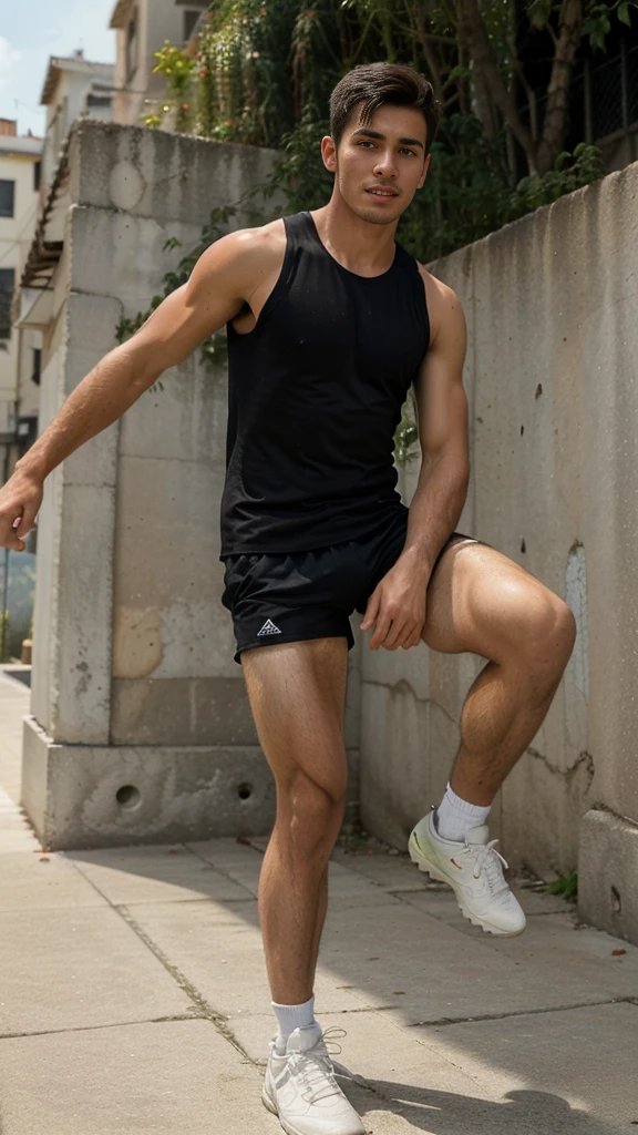 handsome guy, street football player, athletic build, Peruvian nationality, A slight smile, In move, one leg bent at the back, one foot stands on the ground and kicks a soccer ball,, full length, semi profile, wearing a white sleeveless tank top and black shorts, Excellent quality, Photo, excellent dentalization, high quality