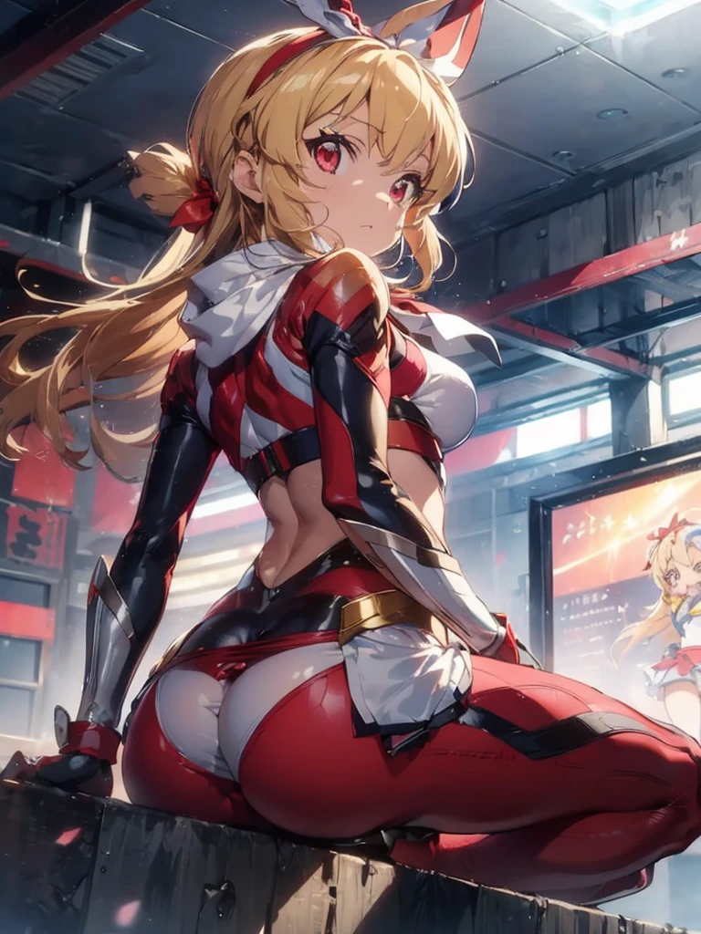 there is a cartoon female in white hot pants with her hip sticking out, (((raise ASS:1.7)),back shot,close up ass,(RED Ribbon on HAIRband:1.2),aikatsu,1 girls,in senki zesshou symphogear style , Blonde long hair,black and RED battle suit,BREAK,ultra-definition, high resolution, ultra-detail CG,caustics, Live stage, in front of super large vision, singing, Battle pose,thgear, 1girl, solo, tachibana hibiki (symphogear), medium breasts, navel, headgear, gloves, gauntlets, body suit, shorts, white scarf,Ichigo Hoshimiya (Aikatsu!),sitting, squating, looking down, look at the viewer, from below