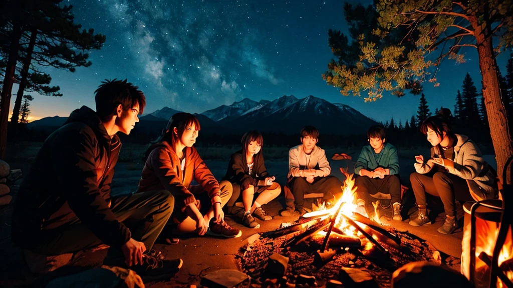 anime Men and women around a campfire
