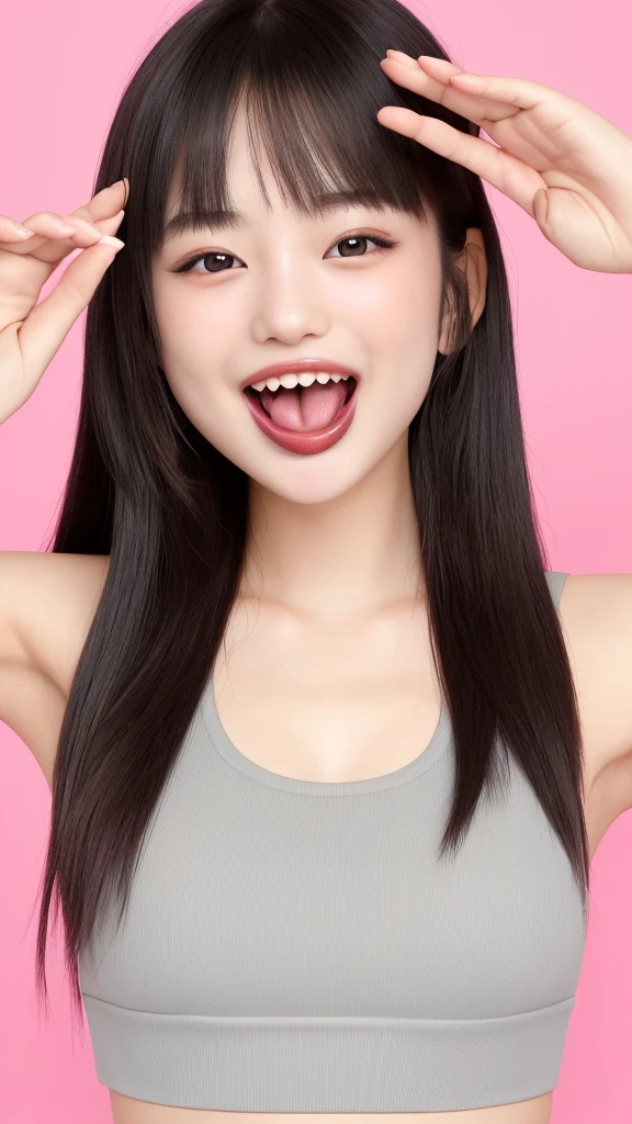 ((upper body shot)),((nude)),((nipples)),Ultra-high resolution,big eyes,smile,(open mouth with tongue),((tongue out)),Japanese,bangs,(a girl),(1 girl),((18-year-old)),((cute)),pretty