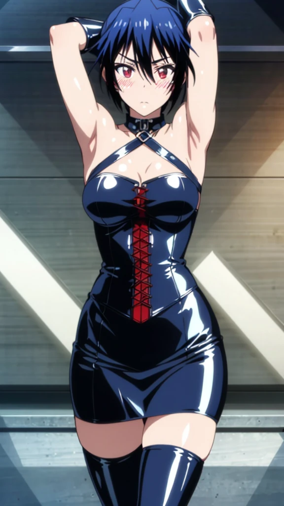 masterpiece, highest quality, High resolution, highly detailed face, Detailed CG, blue hair, red eyes, short hair,large breasts, (Long gloves covered in black latex all the way to the fingertips), (Black latex corset dress), (Halter neck corset dress), (Black latex tight mini skirt), (Black thigh-high boots),blush, stylish pose, stylish angle, looking at the viewer, in the center of the image, cowboy shot, arms up, armpits visible, detailed armpits 