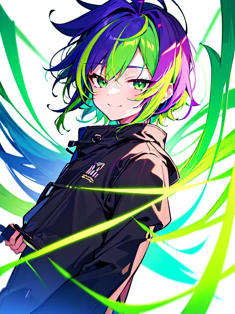 [(WHITE BACKGROUND:1.5),::5], ((((masterpiece)))), high quality, ultra very high resolution, full color, (((solo))), (( boy)), Purple hair, ((Green streaked hair)), (Green eyes), anime, ((upper body)), neon light, black parka, light smile