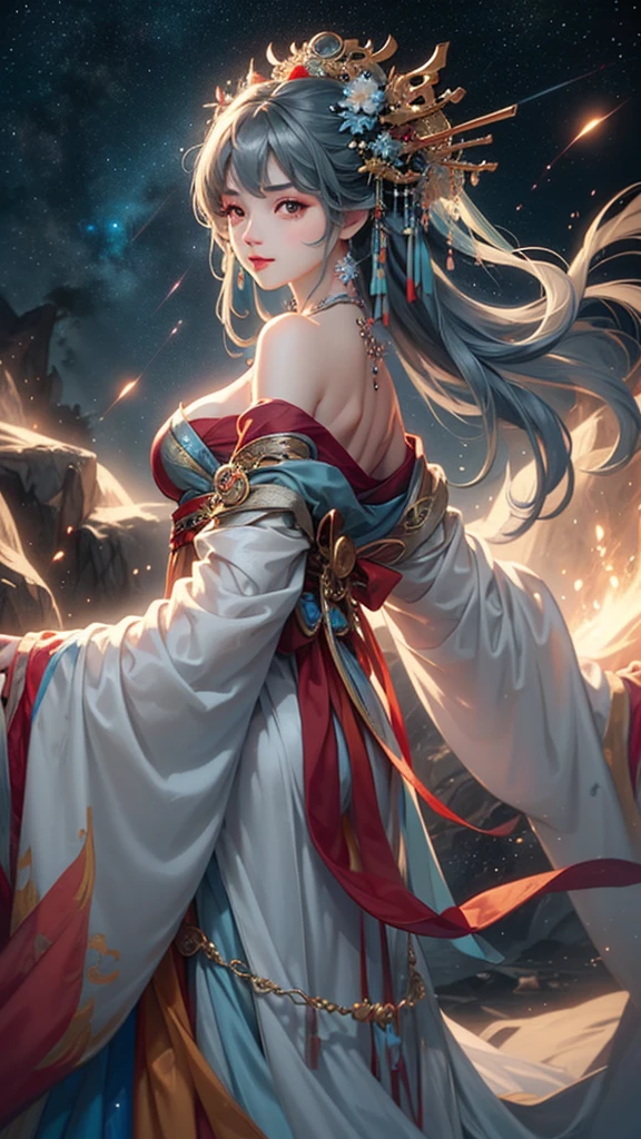 (masterpiece:1.5, Highest quality, Very detailed、 Dutch Angle、Semi-realistic、Fantasy)(One Girl, alone)(Silver Hair:1.6,,Straight Long Hair)(Wearing Han clothes, Royalty、Blue and Yellow Hanfu:1.5,Thick fabric,Long sleeve)、((Off the shoulder、medium breasts, Beautiful cleavage、ruby ​​necklace))(from backside),(Beautiful starry sky、Mystical Night、Particles of light float around the woman、Fantastic space)
