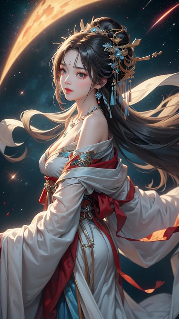 (masterpiece:1.5, Highest quality, Very detailed、 Dutch Angle、Semi-realistic、Fantasy)(One Girl, alone)(Silver Hair:1.6,,Straight Long Hair)(Wearing Han clothes, Royalty、Blue and Yellow Hanfu:1.5,Thick fabric,Long sleeve)、((Off the shoulder、medium breasts, Beautiful cleavage、ruby ​​necklace))(from backside),(Beautiful starry sky、Mystical Night、Particles of light float around the woman、Fantastic space)
