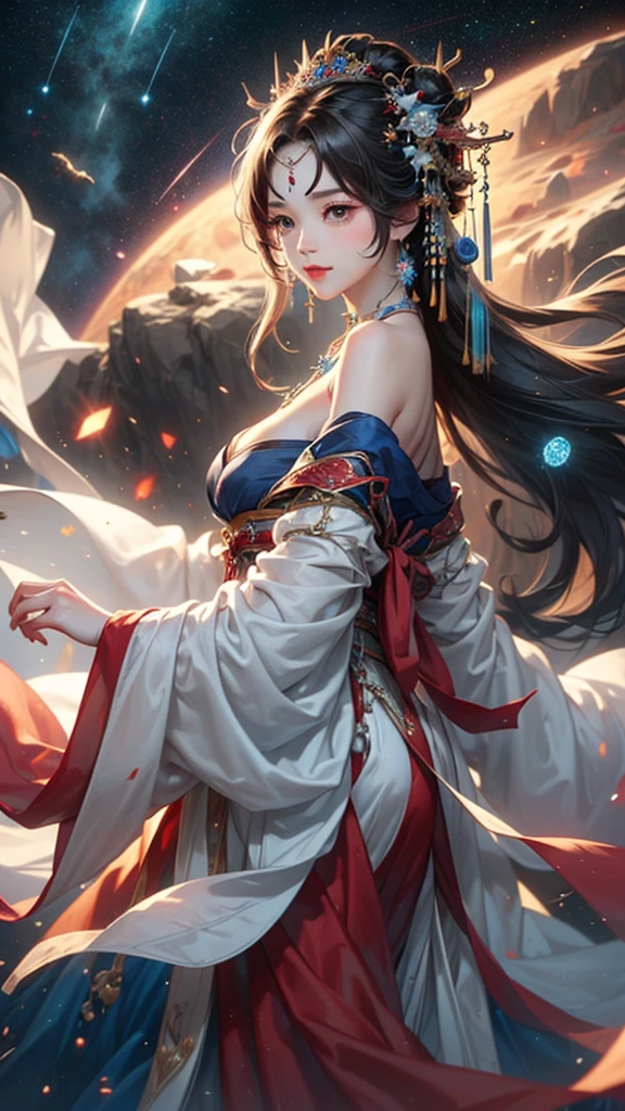 (masterpiece:1.5, Highest quality, Very detailed、 Dutch Angle、Semi-realistic、Fantasy)(One Girl, alone)(Silver Hair:1.6,,Straight Long Hair)(Wearing Han clothes, Royalty、Blue and Yellow Hanfu:1.5,Thick fabric,Long sleeve)、((Off the shoulder、medium breasts, Beautiful cleavage、ruby ​​necklace))(from backside),(Beautiful starry sky、Mystical Night、Particles of light float around the woman、Fantastic space)
