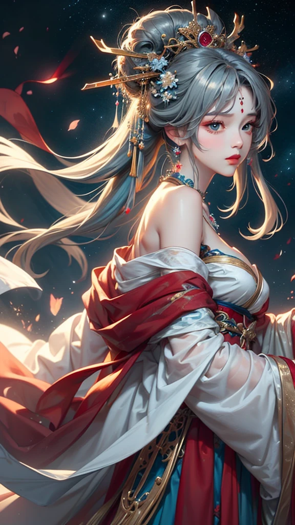 (masterpiece:1.5, Highest quality, Very detailed、 Dutch Angle、Semi-realistic、Fantasy)(One Girl, alone)(Silver Hair:1.6,,Straight Long Hair)(Wearing Han clothes, Royalty、Blue and Yellow Hanfu:1.5,Thick fabric,Long sleeve)、((Off the shoulder、medium breasts, Beautiful cleavage、ruby ​​necklace))(from backside),(Beautiful starry sky、Mystical Night、Particles of light float around the woman、Fantastic space)
