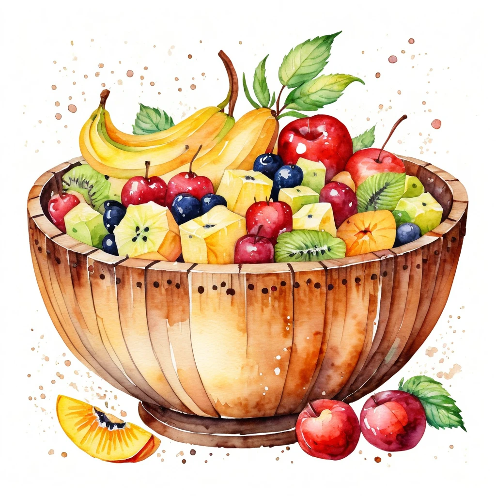 a vintage retro painting of a wooden bowl of delicious fruit salad , ((watercolor)), cartoon style, solid white background, center composition, negative space around the object, washed out color, detailed masterpiece, loose drawing, clipart,