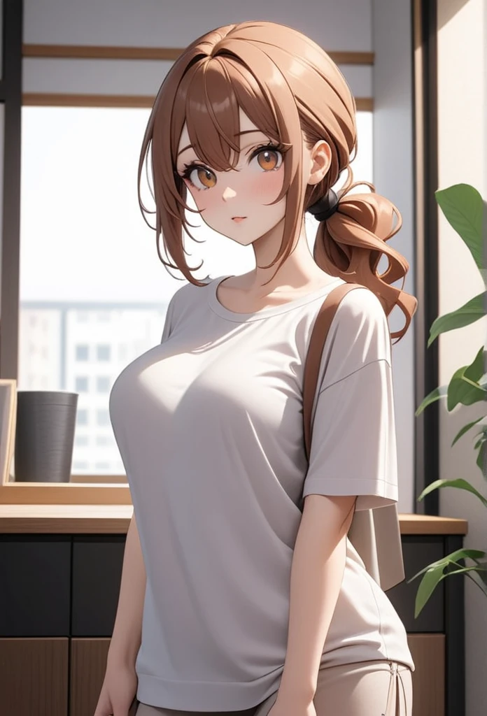 *Japanese prompts:**
Detailed image of a woman standing in a contemporary indoor setting。She is leaning slightly towards the viewer。This woman is full of confidence、It is attractively depicted、It emphasizes the voluptuous figure。She has shoulder-length, wavy, chestnut-colored hair tied in a loose ponytail.、There are some hairs hanging down around the face。Her eyes