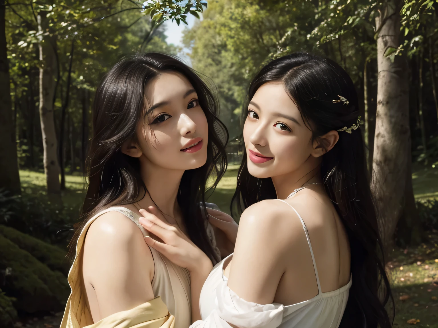 Giorgione painting style,Barbizon forest A beautiful woman in Greek dress smiles on the shore,Sweet and seductive appearance.、Caravaggio's paintings、Chiaroscuro of Caravaggio、hair tousled by the wind,Two women frolicking,cute smile, expression of ecstasy,Sexy,erotic, full body portrait