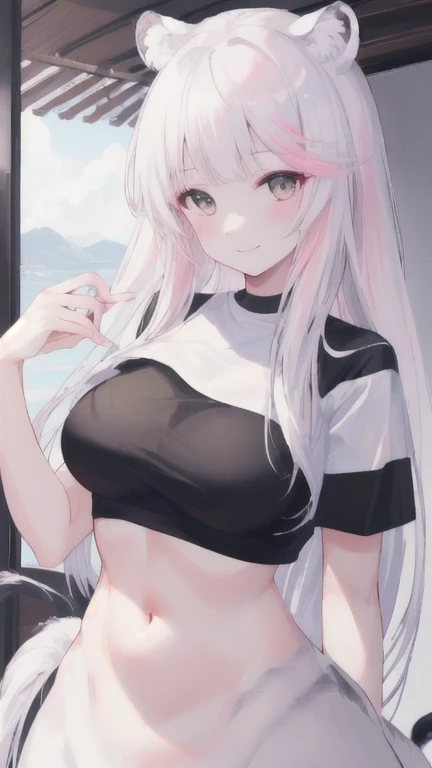 (best quality, masterpiece), 1 girl, centaur, It takes, White skin, Korean , ((23 years old)),black pink,Smiling, exposing the abdomen, belly button t-shirt , 아름다운 소녀 perfect white tiger photo, perfect white tiger photo