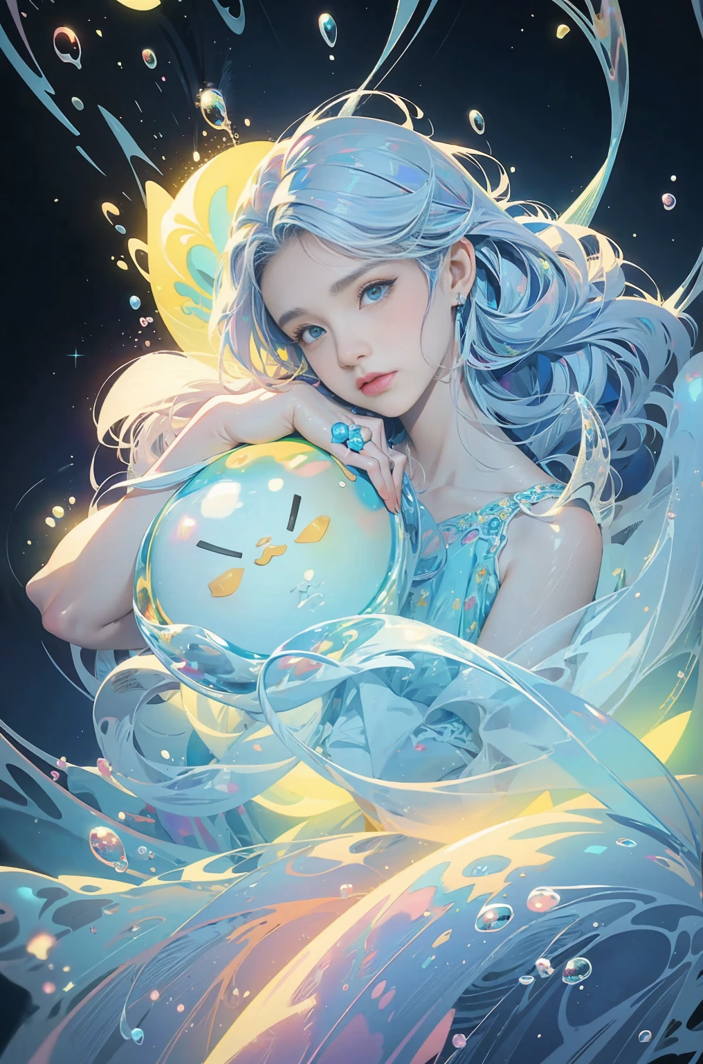 masterpiece, Highest quality, Intricate details, Excellent anatomy、beautiful girl, Sparkling eyes, Otherworldly liquid fantasy background, watercolor, Bright and vibrant colors, Whimsical, colorful, ((Rainbow bubbles))、artwork:Katsuya Terada 、(iceの女王:1.4)、ice、 (Vector art:1.4), Minimalism、Blue Theme、(Esbian all over:1.4)、watercolor画、Black Background、diego gisbert lawrence、Joe San Gonzalez Dan Mumford、Picture book illustrations、vague、superwide shot、Highest quality、Intensive、Golden ratio composition、watercolor画、