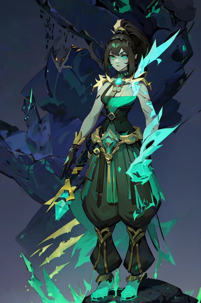 "Concept art of a female telepathic assassin named Astra. She has piercing green eyes, long dark hair tied in a ponytail, and is wearing a sleek, dark outfit with hints of green accents. She carries an intricate dagger with a gemstone hilt. The background is a shadowy urban nightscape, adding a mysterious and intense atmosphere. Astra is in a dynamic pose, using her telepathic powers, with her pendant glowing faintly. The style is highly detailed digital painting with dramatic lighting."