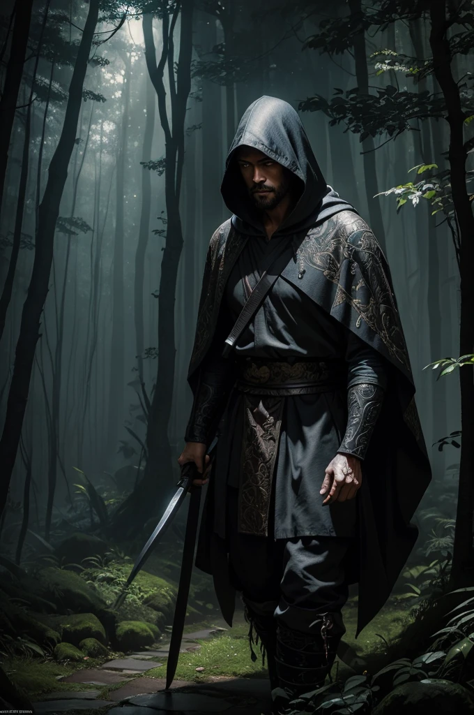 a man walking through a lush forest, carrying a katana, wearing a hooded cloak, detailed fantasy art, intricate details, cinematic lighting, dramatic shadows, vibrant colors, moody atmosphere, digital painting, concept art, hyperrealistic, award-winning, 8k, high quality, masterpiece