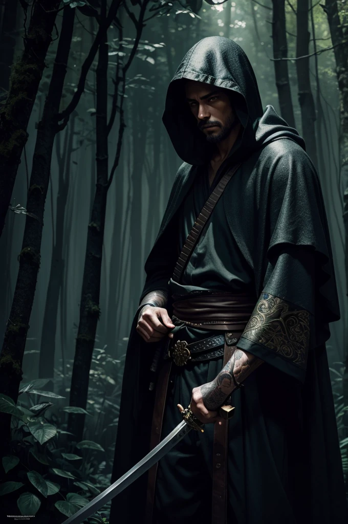a man walking through a lush forest, carrying a katana, wearing a hooded cloak, detailed fantasy art, intricate details, cinematic lighting, dramatic shadows, vibrant colors, moody atmosphere, digital painting, concept art, hyperrealistic, award-winning, 8k, high quality, masterpiece