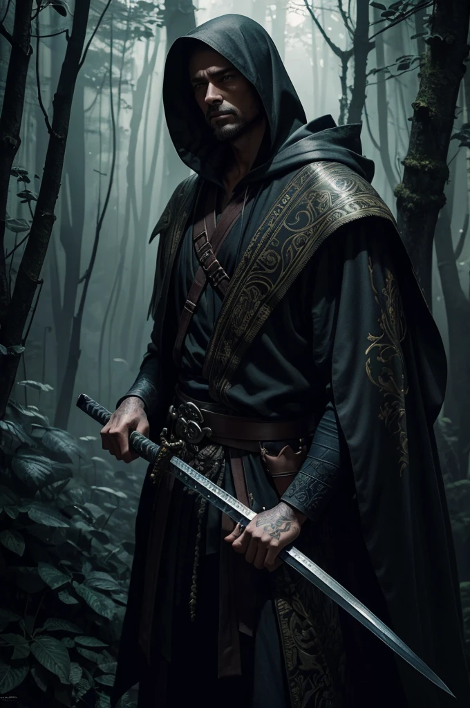 a man walking through a lush forest, carrying a katana, wearing a hooded cloak, detailed fantasy art, intricate details, cinematic lighting, dramatic shadows, vibrant colors, moody atmosphere, digital painting, concept art, hyperrealistic, award-winning, 8k, high quality, masterpiece