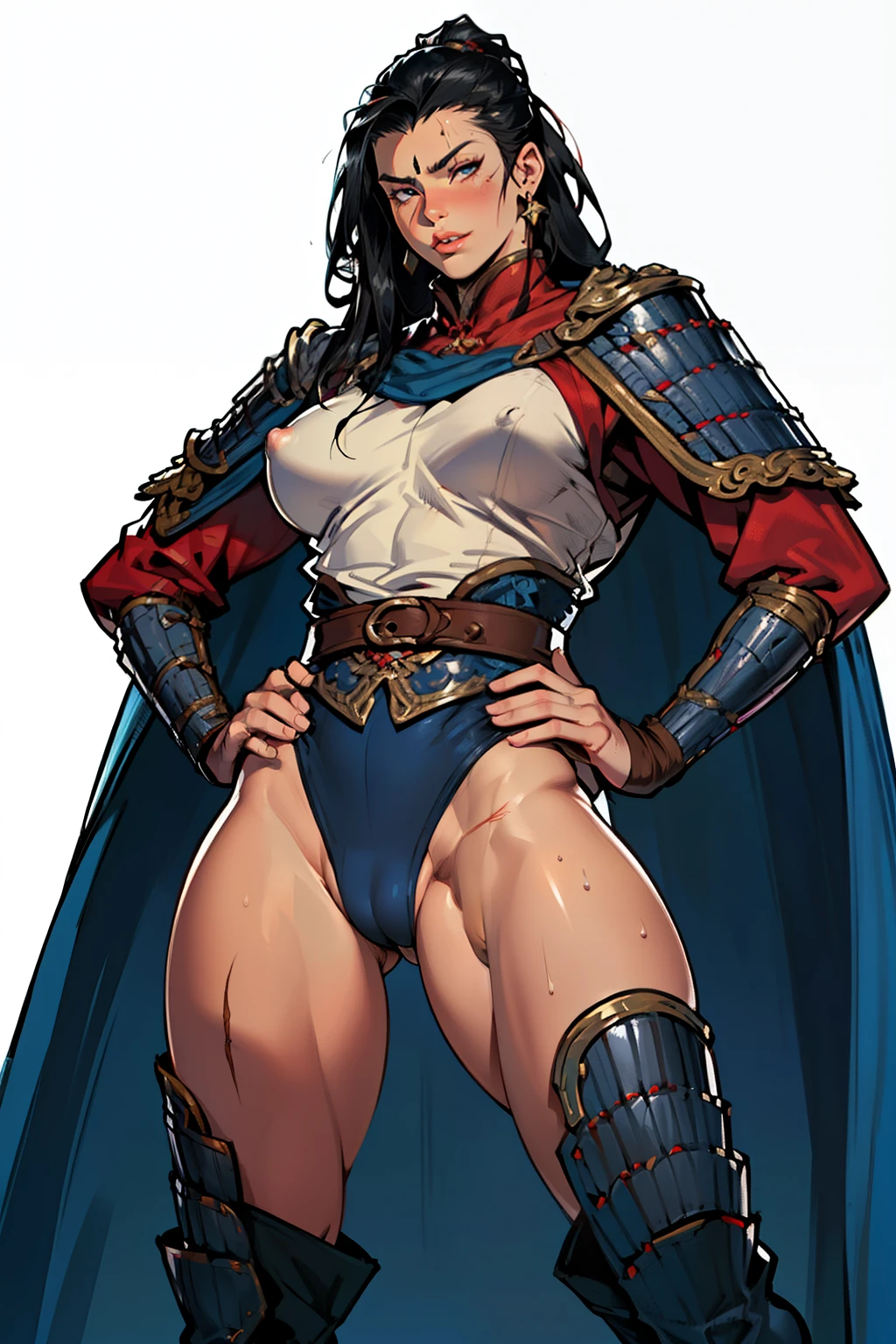 (high resolution, pixel perfect, gorgeous illustrations), (hyper quality, muste piece, etheric: 1.4), (((cowboy shot))), ((1girl)), (female savage), woman, bitch, (((hand on hip, open stance))), cool atmosphere, black hair, (((((very long hair, slicked_back_hair))))), Exquisite face, ((aroused)), blush, (((((((muscular_female))))))), (thick thighs, wide hips, Big breasts that are about to burst), fighter, ((wh_chi_armor)), (waist-cape armor), (((leotard armor))), erect nipples, (((((cameltoe))))), high heel boots, (((scars on body))), shiny skin, gleaming skin, sweat, simple background,