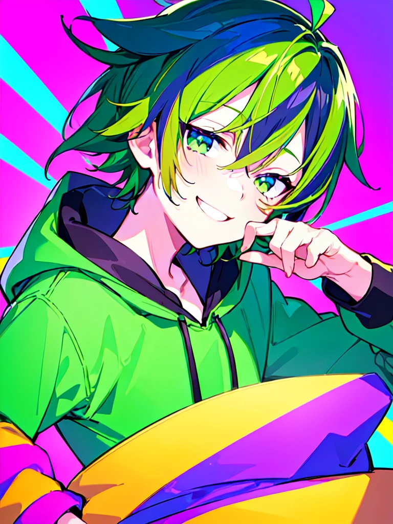 [(RETRO WAVE BACKGROUND:1.5),::5], ((((masterpiece)))), high quality, ultra very high resolution, full color, (((solo))), ((little boy)), Purple hair, ((Green streaked hair)), (Green eyes), anime, ((upper body)), neon light, black parka, light smile