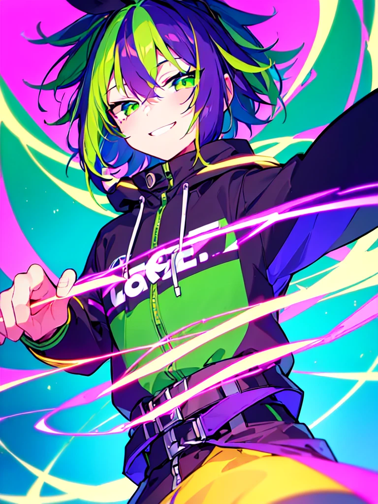 [(RETRO WAVE BACKGROUND:1.5),::5], ((((masterpiece)))), high quality, ultra very high resolution, full color, (((solo))), ((little boy)), Purple hair, ((Green streaked hair)), (Green eyes), anime, ((upper body)), neon light, black parka, light smile
