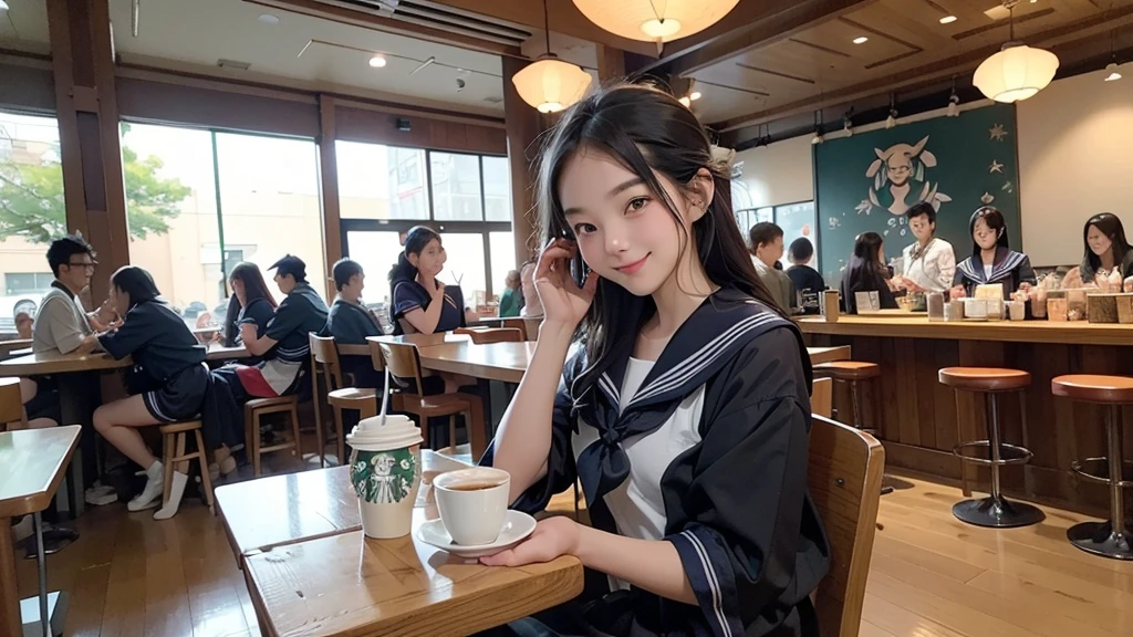 
((((((( in sailor suit)))))))
(((((お洒落でcuteInside the Starbucks store)))))
8K、RAW Photos、Highest quality、Super detailed、Super Resolution、Ultra HD、8K壁紙、Amazing details



(((((((Inside the Starbucks store)))))))、((((((Sit down and eat cake、Drink Starbucks coffee、smile))))))、((Heart Necklace))




Modern and sleek design：Interior design using natural materials、Many of the designs are warm and made using wood and metal.。
Large windows：自然光をたっぷり取り入れるためのLarge windowsがあり、Providing a bright and open space。
Green Interior：Potted plants are effectively placed、It creates a relaxing atmosphere。
artwork：Works by local artists、Starbucks-related art on display。
Cozy seating：Cushioned chairs and sofas、Bar sheet etc.、A variety of seating options available。
Open kitchen area：Being able to see how drinks and food are made、We provide peace of mind and transparency。
Unique lighting：Antique lamps and chandeliers、Modern lighting fixtures are used。
Comfortable background music：Relaxing music is playing、A comfortable space is provided。
Wide々Table space：一人でもグループでも使いやすいWide々There is a table with。
Community Table：There is a large table where you can socialize with other customers.。
Seasonal decorations：The decorations are themed according to the season.。
Design with a local feel：The design incorporates the local culture and characteristics.。
Fragrance production：コーヒーの香りが店内にWideがり、A space that satisfies the five senses has been created.。
Conversation with a barista：フレンドリーなConversation with a baristaが楽しめるカウンターエリアがあります。




8K、RAW Photos、Highest quality、masterpiece:1.2、Super detailed、Super Resolution、Ultra HD、8K壁紙、Amazing details、Photorealistic:1.4、Having fun by the water、Full Body Shot、Full body photo、High-resolution RAW color photos、Professional photos、A scene full of emotion、Very detailed and beautiful、Ultra HD、8K壁紙、Amazing details、Huge file sizes、Highly detailed beautiful girls、Highly detailed face Highly detailed eyes、Extremely realistic skin、 Highly detailed fingers, Highly detailed nose, Highly detailed mouth, Perfect Anatomy, Highly detailed background, Highly detailed clothing, Teen, cute女の子, Famous Japanese Idols, cute, Realistic body, Slender, White skin, Glowing Skin, Slim body, Realistic Face, Delicate eyes, double eyelid, 

