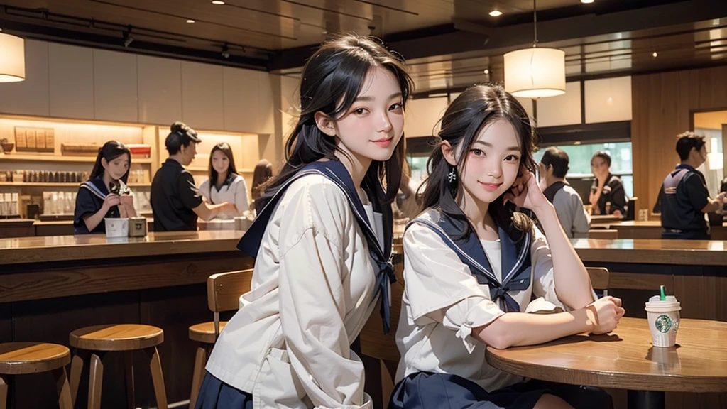 
(((((((Junior high school girl in sailor suit)))))))
(((((お洒落でcuteInside the Starbucks store)))))
8K、RAW Photos、Highest quality、Super detailed、Super Resolution、Ultra HD、8K壁紙、Amazing details



(((((((Inside the Starbucks store)))))))、((((((Sit down and eat cake、Drink Starbucks coffee、smile))))))、((Heart Necklace))




Modern and sleek design：Interior design using natural materials、Many of the designs are warm and made using wood and metal.。
Large windows：自然光をたっぷり取り入れるためのLarge windowsがあり、Providing a bright and open space。
Green Interior：Potted plants are effectively placed、It creates a relaxing atmosphere。
artwork：Works by local artists、Starbucks-related art on display。
Cozy seating：Cushioned chairs and sofas、Bar sheet etc.、A variety of seating options available。
Open kitchen area：Being able to see how drinks and food are made、We provide peace of mind and transparency。
Unique lighting：Antique lamps and chandeliers、Modern lighting fixtures are used。
Comfortable background music：Relaxing music is playing、A comfortable space is provided。
Wide々Table space：一人でもグループでも使いやすいWide々There is a table with。
Community Table：There is a large table where you can socialize with other customers.。
Seasonal decorations：The decorations are themed according to the season.。
Design with a local feel：The design incorporates the local culture and characteristics.。
Fragrance production：コーヒーの香りが店内にWideがり、A space that satisfies the five senses has been created.。
Conversation with a barista：フレンドリーなConversation with a baristaが楽しめるカウンターエリアがあります。




8K、RAW Photos、Highest quality、masterpiece:1.2、Super detailed、Super Resolution、Ultra HD、8K壁紙、Amazing details、Photorealistic:1.4、Having fun by the water、Full Body Shot、Full body photo、High-resolution RAW color photos、Professional photos、A scene full of emotion、Very detailed and beautiful、Ultra HD、8K壁紙、Amazing details、Huge file sizes、Highly detailed beautiful girls、Highly detailed face Highly detailed eyes、Extremely realistic skin、 Highly detailed fingers, Highly detailed nose, Highly detailed mouth, Perfect Anatomy, Highly detailed background, Highly detailed clothing, Teen, cute女の子, Famous Japanese Idols, cute, Realistic body, Slender, White skin, Glowing Skin, Slim body, Realistic Face, Delicate eyes, double eyelid, 

