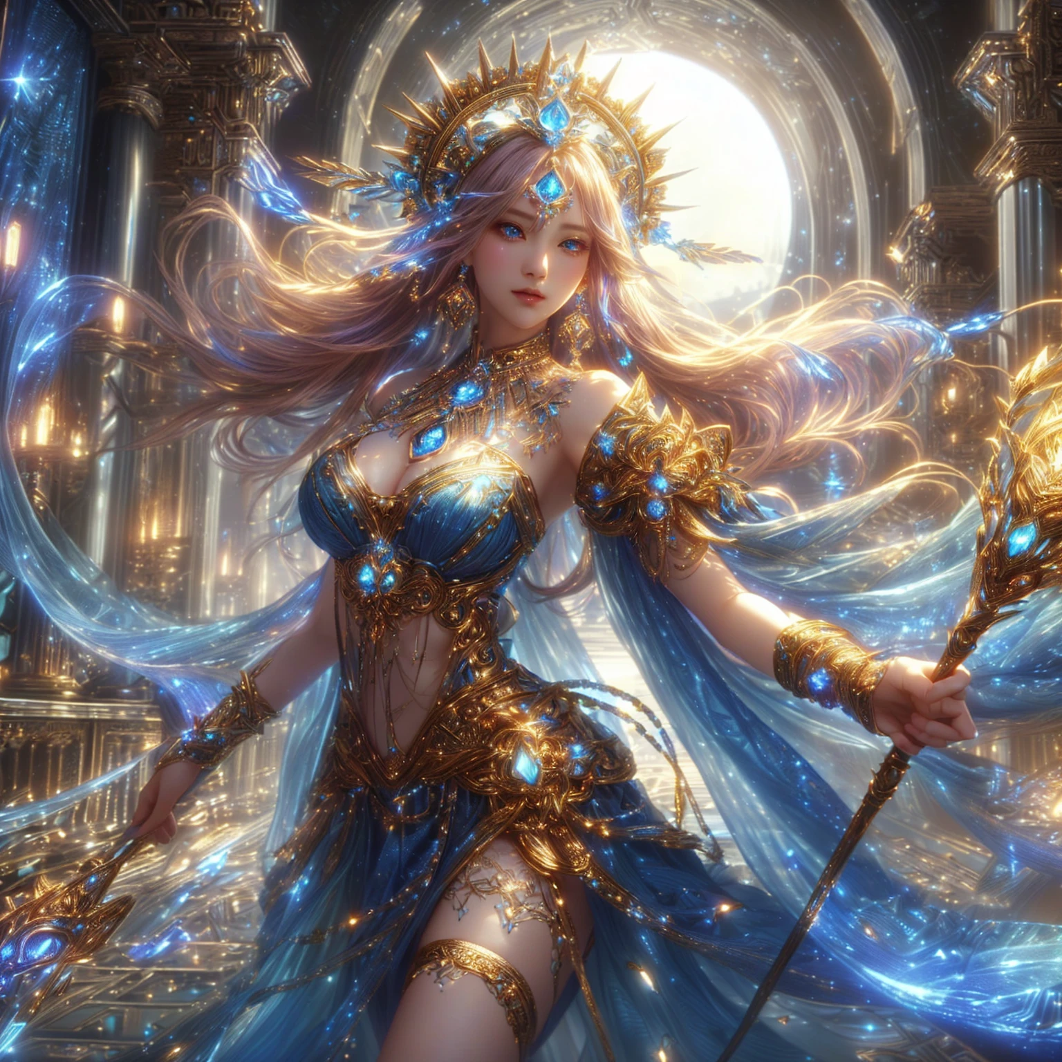 realistic woman , Close-up of a woman in a blue dress with lights shining behind her., extremely detailed , goddess, beautiful heavenly mage, High quality 8K detailed artwork., Argerm. anime illustration, Beautiful Fantasy Empress, beautiful devil girl, Fantasy anime artwork, beautiful goddess, Argerm style, Detailed digital anime art