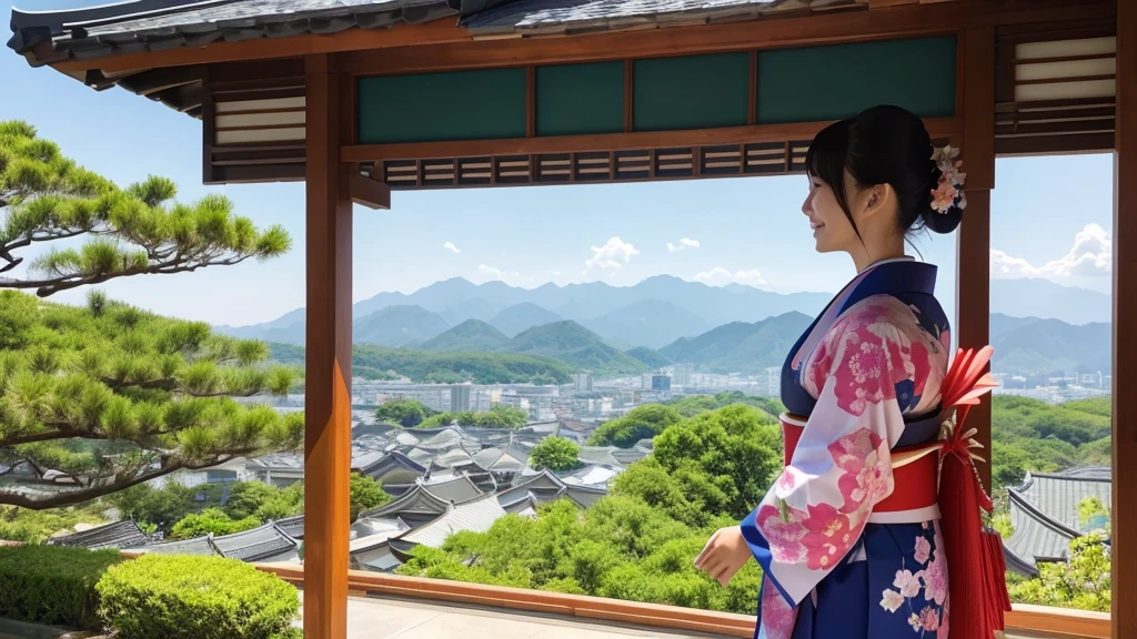 A woman wearing a kimono。Sunny day summer landscape。