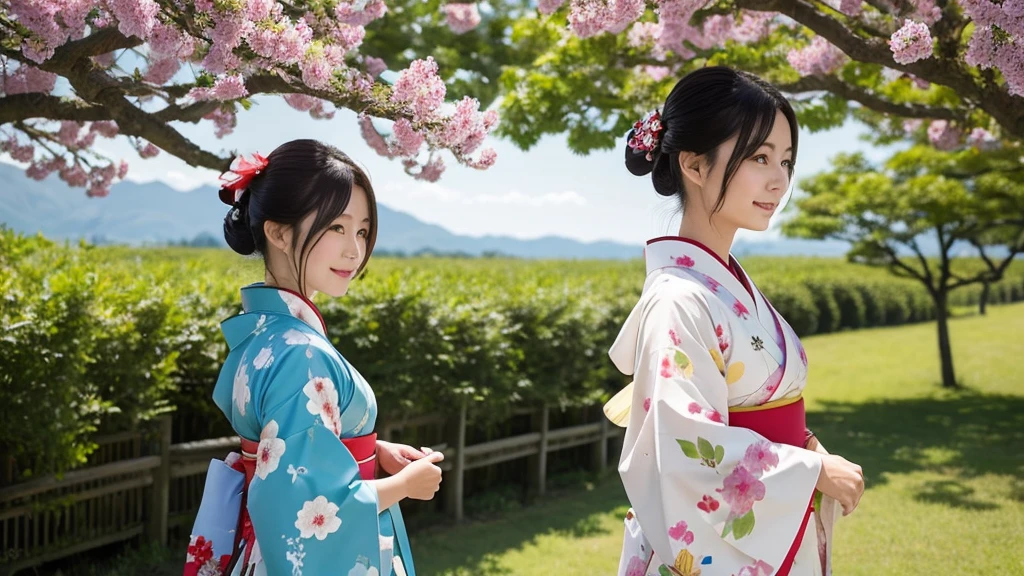 A woman wearing a kimono。Sunny day summer landscape。
