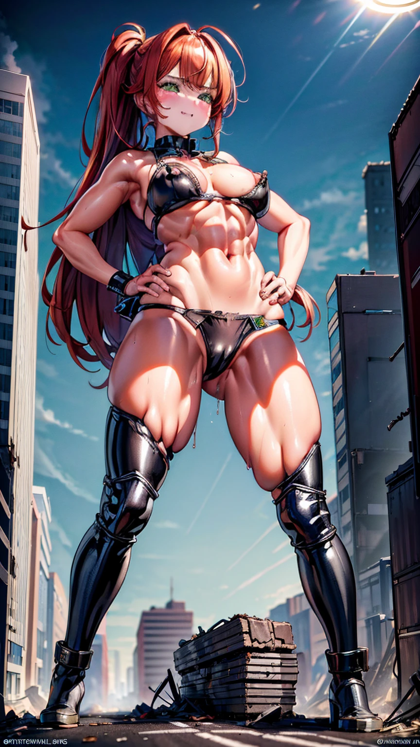 A fierce giantess, dressed in a tattered leather outfit, with wild auburn hair and piercing green eyes, strides through an overgrown post-apocalyptic city. Her long, muscular legs crush abandoned vehicles and crumbling buildings beneath her feet. She gazes down at the tiny survivors, a mocking grin spreading across her face as her voice echoes through the desolate streets. Her curvy body radiates raw power and sensuality, every movement causing the ground to shake. Giantess, Goddess, sexy legs, leather, hot, curvy body, mommy issues, small town, small people, tiny people, macrophilia, perspective from below, high quality, almost naked, mature woman, apocalyptic.