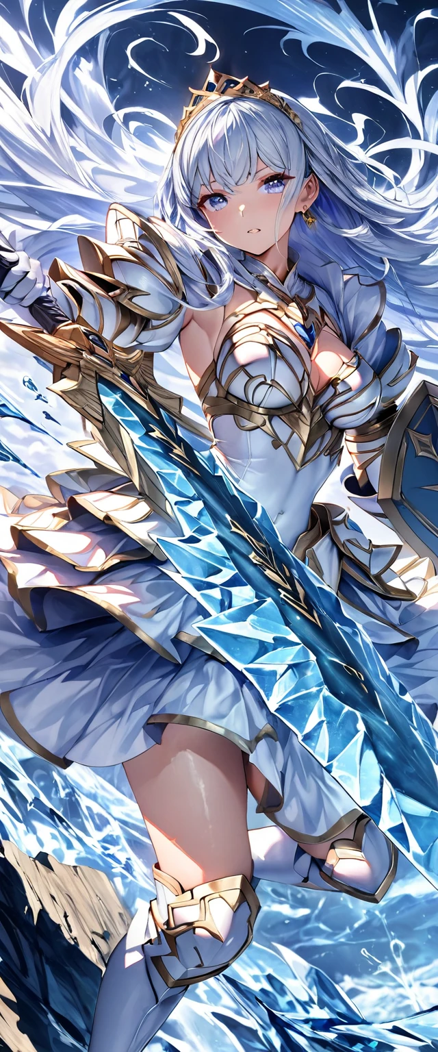 (Perfect Anatomy)、Mastepiece、Ultra High Quality、 8K、masterpiece、Highest quality、Ultra-high resolution、Maximum resolution、Very detailed、Professional Lighting、anime、woman、thin、so beautiful、Highly detailed eye、Highly detailed face、Blue and white armor, , Golden decorated luxury tiara，Golden earrings，Frilly Armor，Light blue hair, blue eyes，White underwear、Gloss Lip、grassland, full body, dynamic angle, dynamic pose, Heroic pose, pillars of ice, (((long sword))), (((shield))), Defending with water magic, Making eyes glow, flying attack, Swinging down a sword, goddess armor