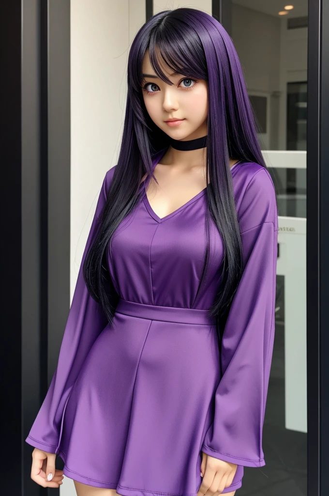 An anime girl with Purple eyes and black long hair, wearing a purple outfit
