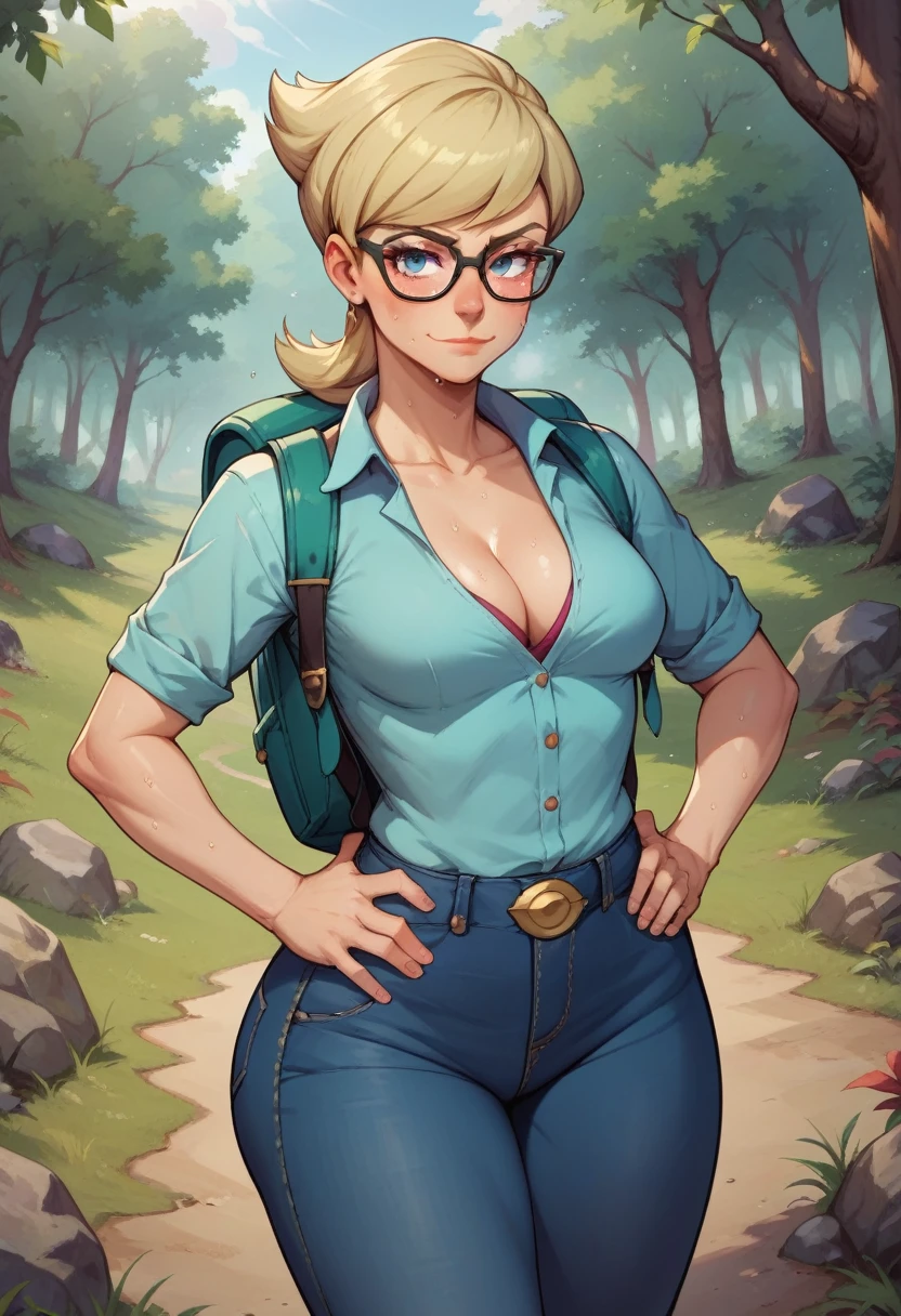 score_9, score_8_up, score_7_up, score_6_up, BREAK Juniper from pokemon, wearing hiking outfit, backpack, cleavage, medium breasts, seductive smirk, hands holding own hips, sweating, wide hips, big ass, in a forest, jeans, long sleeved shirt, blonde hair, glasses
