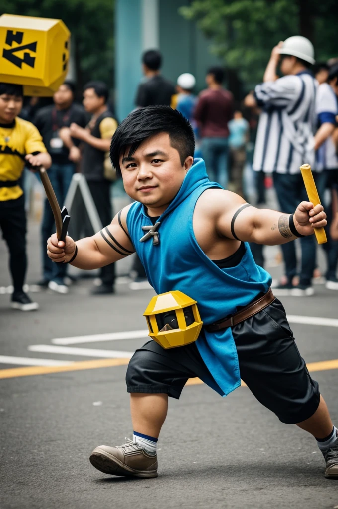 A small Asian man cosplaying a wall breaker in Clash of Clans
