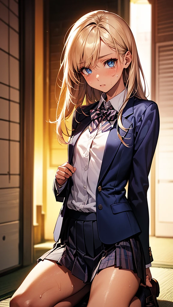 (((night,真night中))),((Perfect Anatomy:1.2,Realistic:1.3,Raw photo:1.3,masterpiece、Highest quality、Ultra - High resolution、High resolution、Extremely detailed CG、8K)),Cowboy Shot,1 female,alone,18-year-old、High school girl beautiful girl,Japanese,((Beautiful and exquisite face and eyes:1.2,Big beautiful eyes:1.3,)),Blonde,Long Hair,(Center parted hair:1.4,amount),Medium chest,Slender body,Small Head:1.3,skinny,(Brown Skin:1.4),(Oily skin,Glowing Skin,Shiny skin,Sweat:1.2),(school uniform、Dark blue blazer jacket、Checkered pleated mini skirt),Kneel,Dirty back alley、Tokyo、