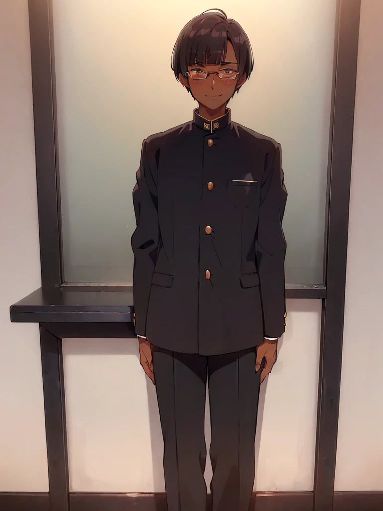 (1 feminine boy solo:1.4),(dark skin:1.5) ,20 years old, (black hair:1.3), (glasses:1.4), , (straight hair:1.5), (evil smile:1.2) ,long sidelocks, (blush:1.3),(gakuran:1.5),(very short pixie cut:1.4),(blunt bangs:1.4), (greaming skin:1.3),class room,sit on desk,bend knee