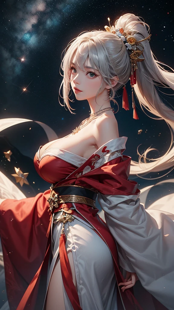 (masterpiece:1.5, Highest quality, Very detailed、 Dutch Angle、Semi-realistic、Fantasy)(One Girl, alone)(Silver Hair:1.6,,Straight Long Hair)(Wearing Han clothes, Royalty、White and red Hanfu:1.5,Thick fabric,Long sleeve)、((Off the shoulder、big breasts, Beautiful cleavage、ruby ​​necklace))(from backside),(Beautiful starry sky、Mystical Night、Particles of light float around the woman、Fantastic space)
