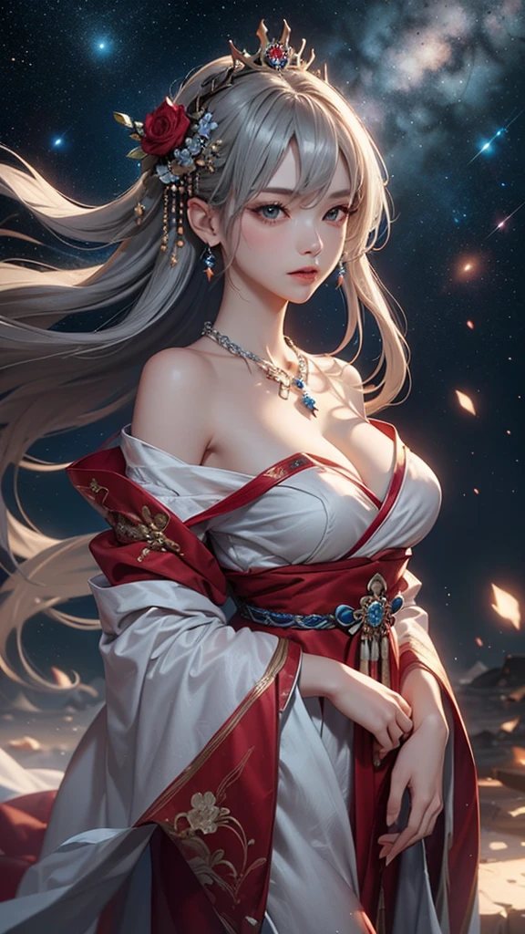 (masterpiece:1.5, Highest quality, Very detailed、 Dutch Angle、Semi-realistic、Fantasy)(One Girl, alone)(Silver Hair:1.6,,Straight Long Hair)(Wearing Han clothes, Royalty、White and red Hanfu:1.5,Thick fabric,Long sleeve)、((Off the shoulder、big breasts, Beautiful cleavage、ruby necklace))(from backside),(Beautiful starry sky、Mystical Night、Particles of light float around the woman、Fantastic space)