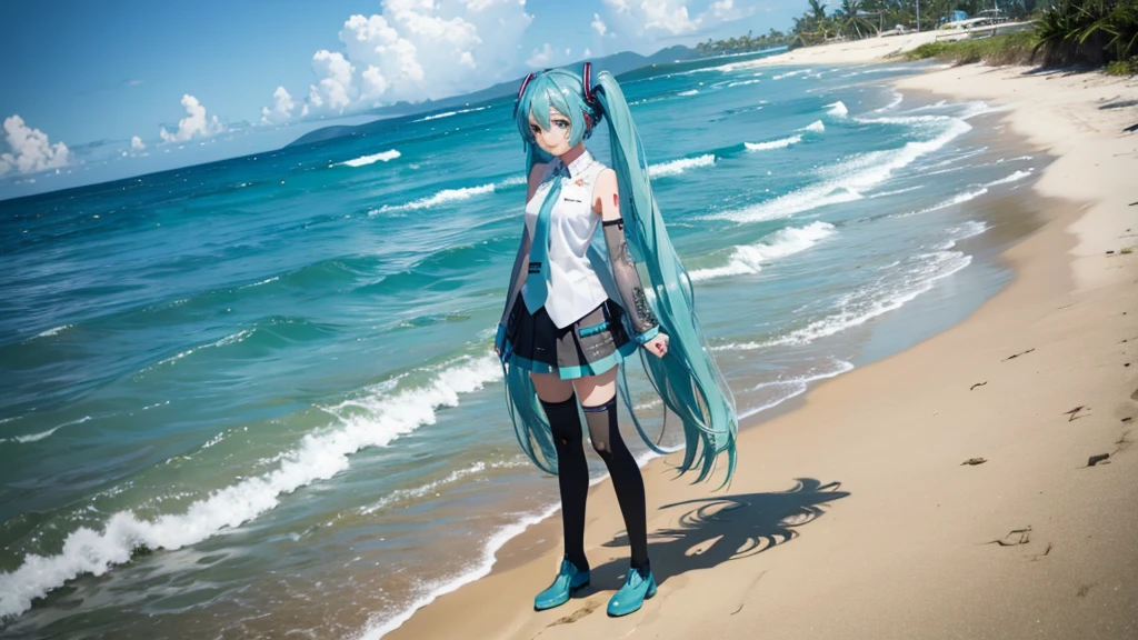 Hatsune Miku standing on a Caribbean beach、An illustration of a person looking into the distance and shedding tears。