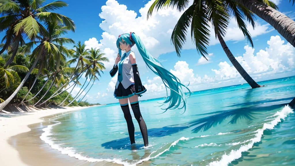 Hatsune Miku standing on a Caribbean beach、An illustration of a person looking into the distance and shedding tears。