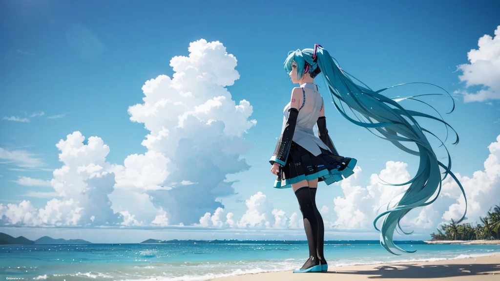 Hatsune Miku standing on a Caribbean beach、An illustration of a person looking into the distance and shedding tears。