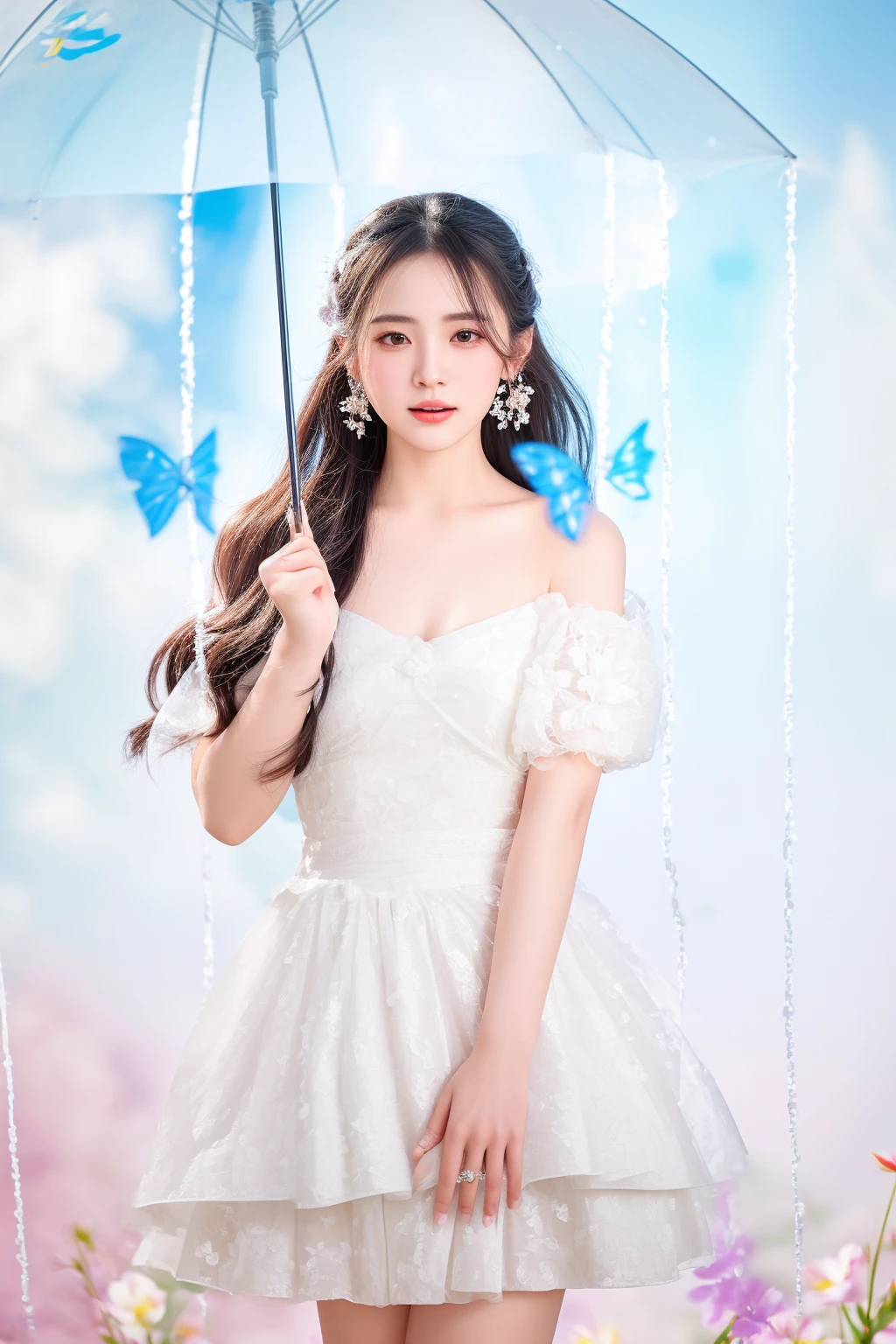 araffe woman in a white dress holding an umbrella in a field of flowers, dilraba dilmurat, inspired by Huang Ji, ethereal beauty, white hanfu, full body xianxia, milky white skin, fanart, a beautiful woman in white, cute elegant pose, ruan jia beautiful!, sha xi, wearing organza gown