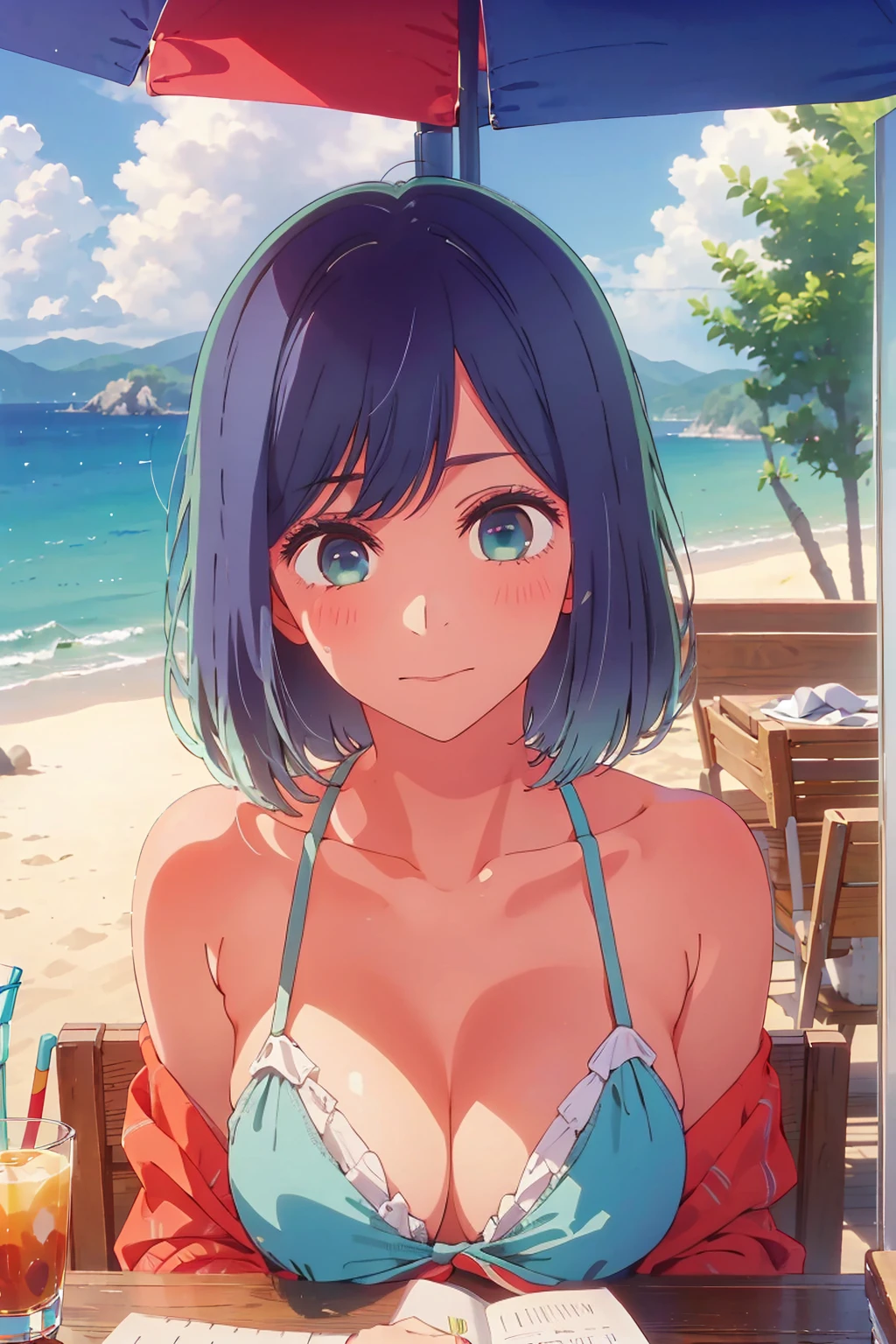 (Highest quality:1.4、masterpiece:1.4、Super detailed:1.4、8K:1.4)、((((1 person、Surprised expression、sit、Outdoor café terrace、coastal、juice、table、Sandy Beach、juiceのグラスを持つ、Plain Bikini、The depth of the written world、Very soft boobs、Big eyes、Very cute face))))、F cup bust、Medium breast