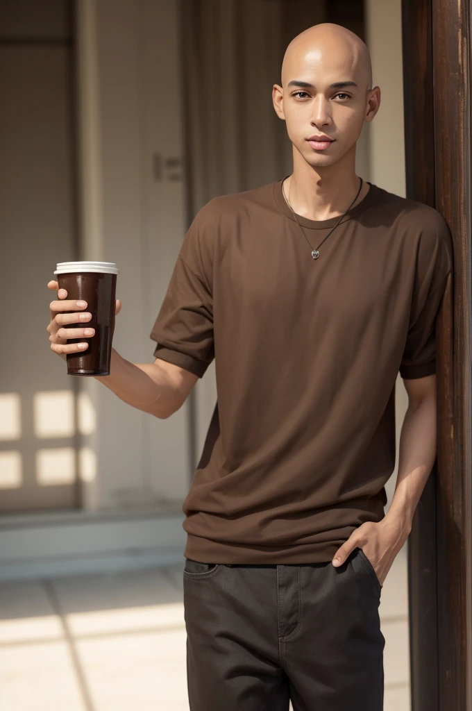 a tall boy, 
Bald with short hair Dark brown eyes Brown skin color