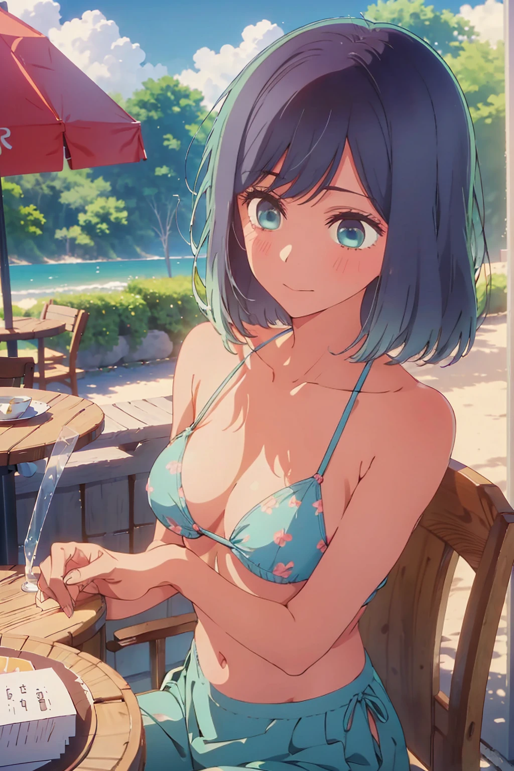 (Highest quality:1.4、masterpiece:1.4、Super detailed:1.4、8K:1.4)、((((1 person、Surprised expression、sit、Outdoor café terrace、coastal、juice、table、Sandy Beach、juiceのグラスを持つ、Plain Bikini、The depth of the written world、Very soft boobs、Big eyes、Very cute face))))、F cup bust、Medium breast、Underboob