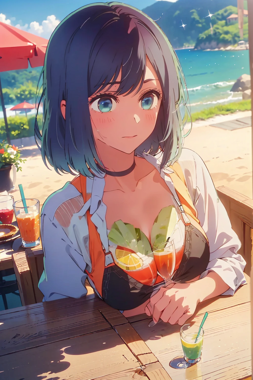 (Highest quality:1.4、8K:1.4、detailed)、F cup bust、Big Breasts、Slim body、Very white beautiful skin、((((1 person、Surprised expression、sit、Chair、In the background are the urban buildings of Tokyo、looking at the camera、Outdoor café terrace、coastal、Navy hair color、juice、Shooting up close、table、Very cute face))))、((((nude、Areola))))、(Pose with hair tucked behind ear with one hand:1.4)、Nipples、bikini、Very blue sky、A completely cloudless sky