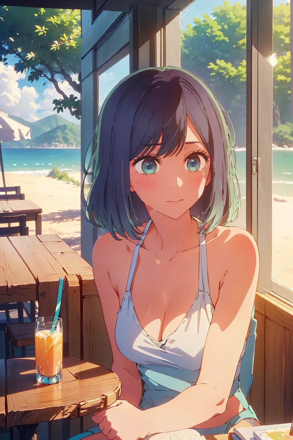 (Highest quality:1.4、masterpiece:1.4、Super detailed:1.4、8K:1.4)、((((1 person、Surprised expression、sit、Outdoor café terrace、coastal、juice、table、Sandy Beach、juiceのグラスを持つ、Plain Bikini、The depth of the written world、Very soft boobs、Big eyes、Very cute face))))、F cup bust、Medium breast、Underboob