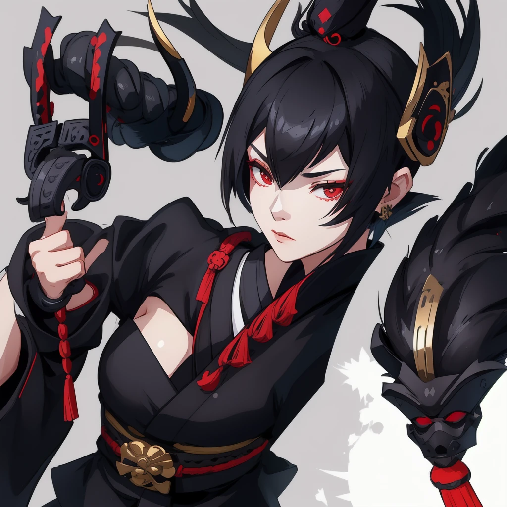 Girl with short black hair, black mask that covers her face, wearing samurai hat wjth horn accesories, 2 katanas on back, meditating  